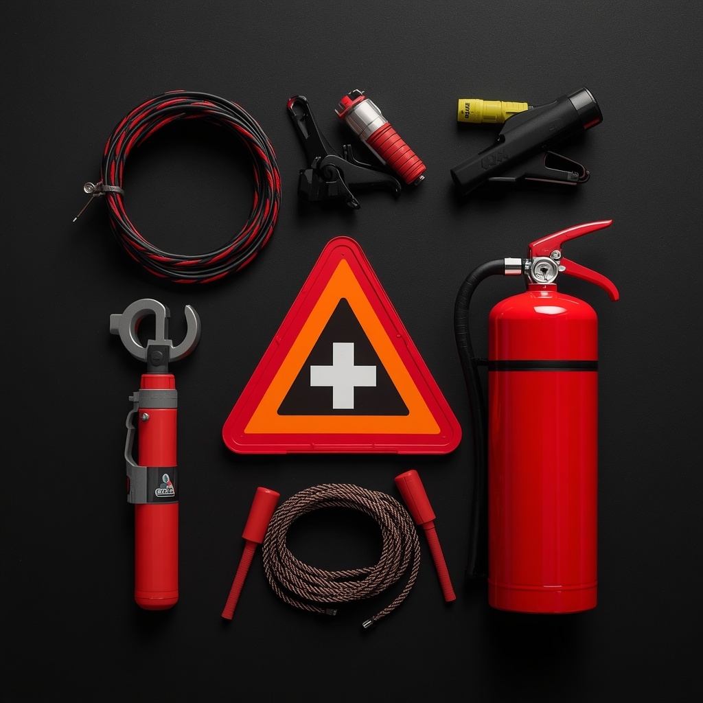 Essential car emergency equipment including jumper cables, fire extinguisher, and warning triangle