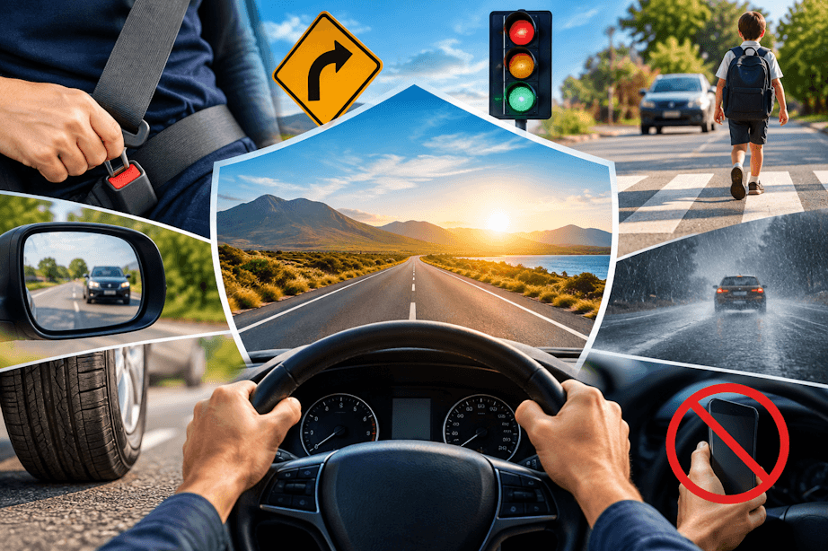 Road safety with safe driving, seat belt use, road signs, traffic lights, mirrors, tires, pedestrians, and avoiding phone use