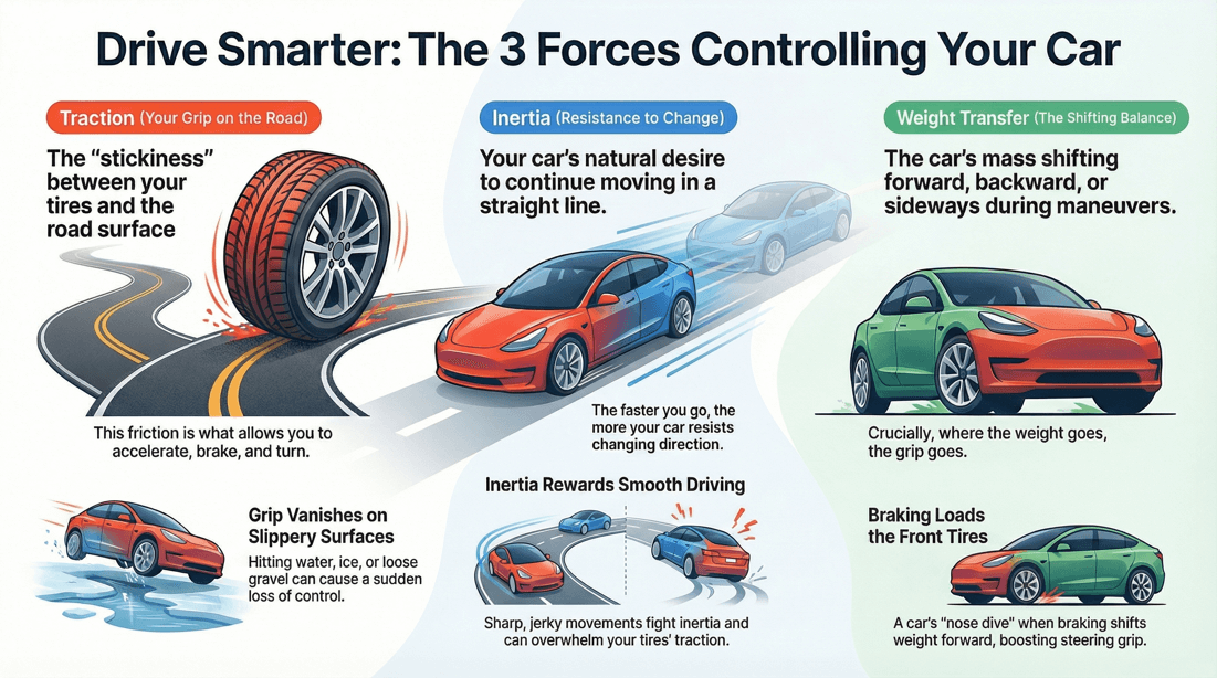 Safer driving secrets applying physics, traction, inertia and weight transfer for control