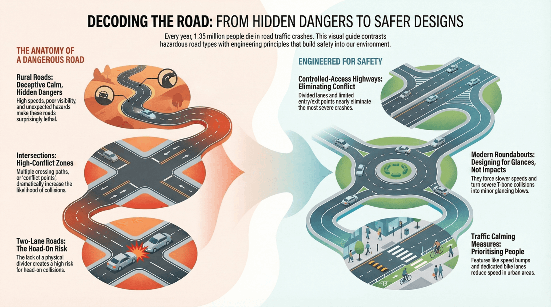 Road design and defensive strategies for maximizing driving safety