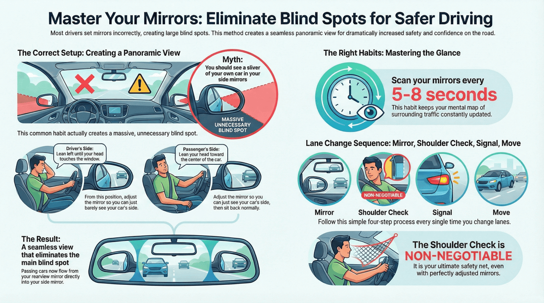 Eliminate blind spots with correct car mirror adjustment for safe lane changes