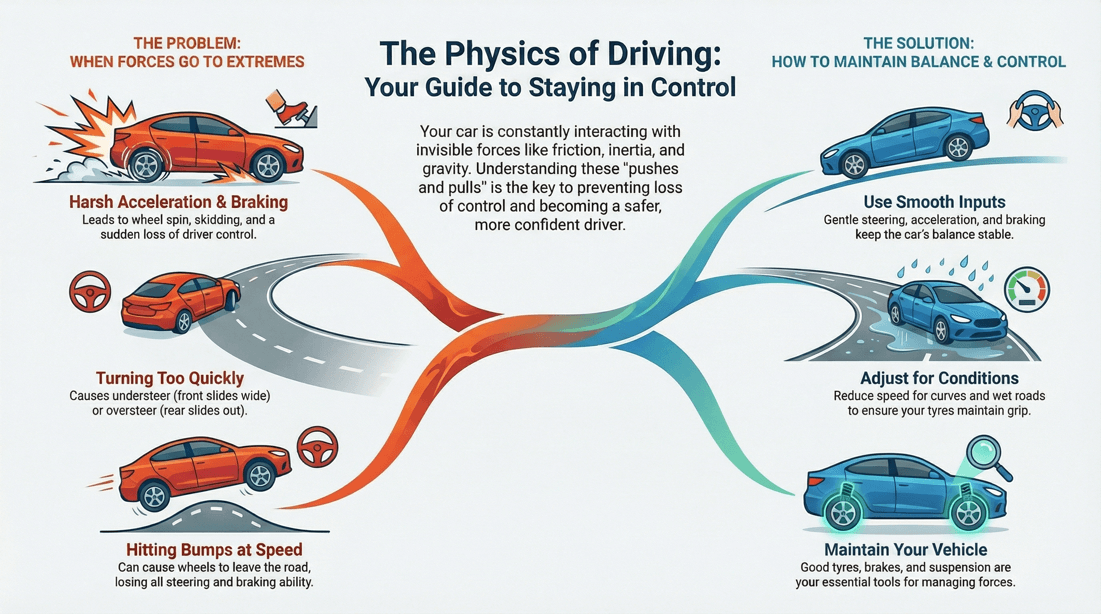 Understand driving physics: manage friction, inertia, and vehicle dynamics