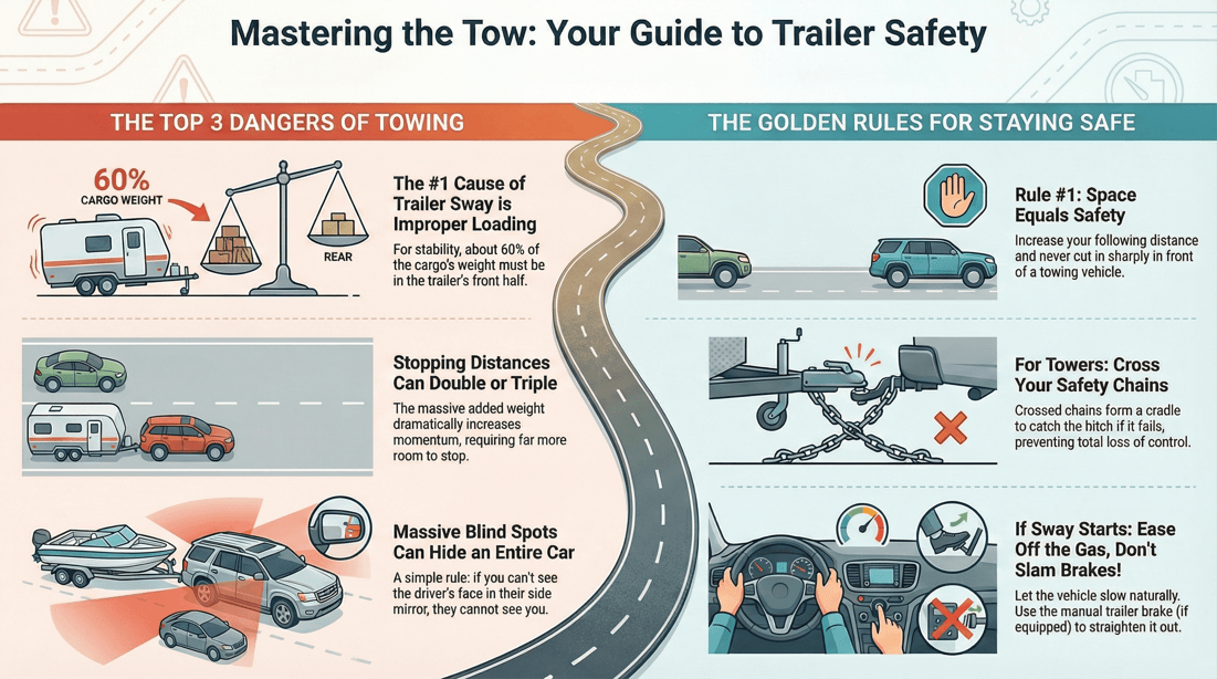 Trailer towing safety guide: prevent sway, increase stop distance, load tips