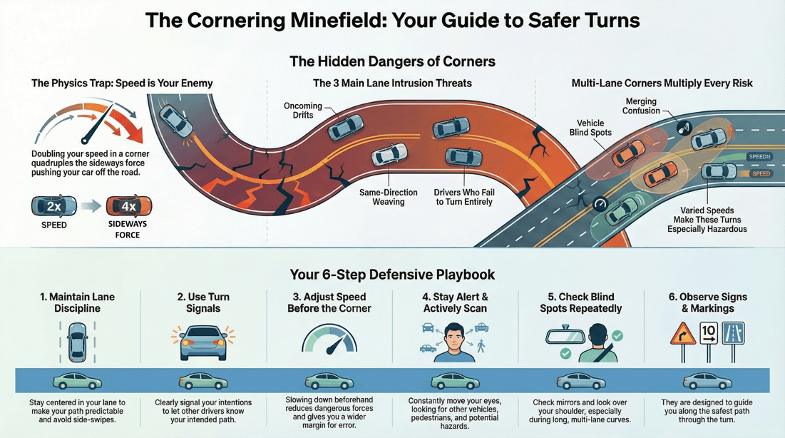 Avoid dangerous lane mistakes and intrusions when driving through complex corners