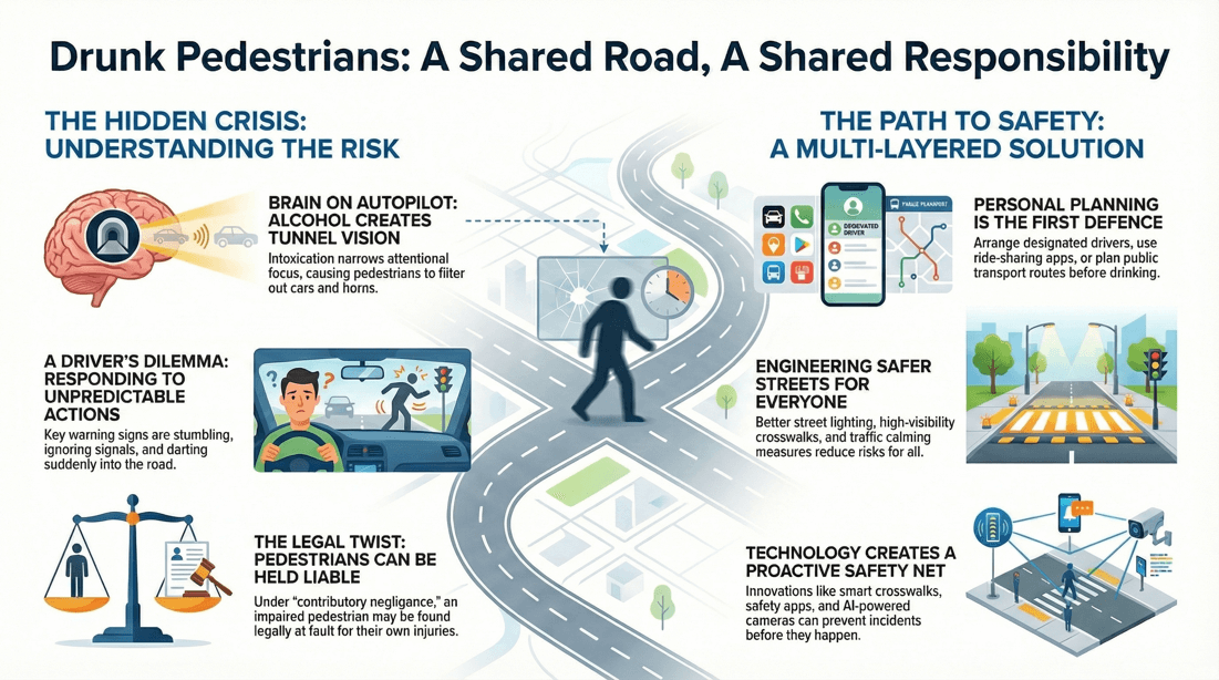 Drunk pedestrian risks, driver safety tips, and legal liability
