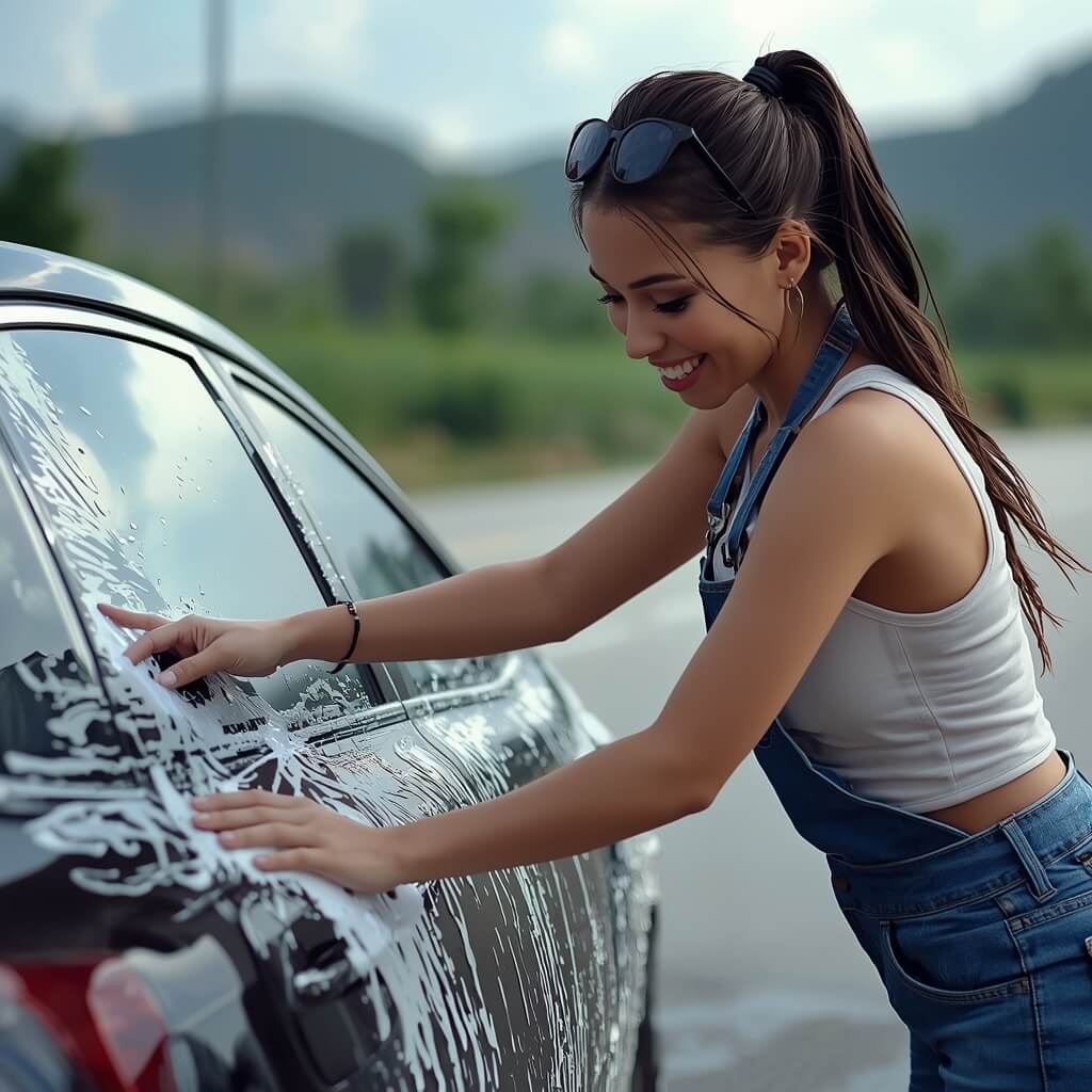 Hand washing a car with soap and sponge for exterior vehicle maintenance and safety awareness