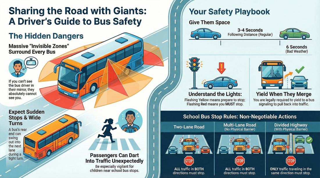Defensive driving tips for bus blind spots, tail swing, and school bus laws