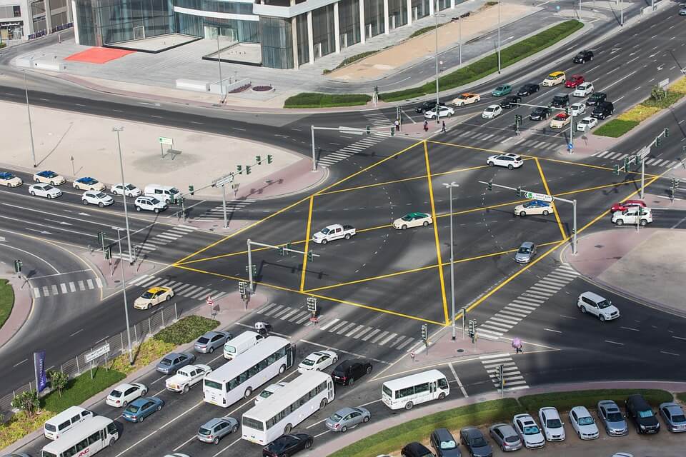 Busy multi-lane urban intersection with traffic and yellow box markings for lane control