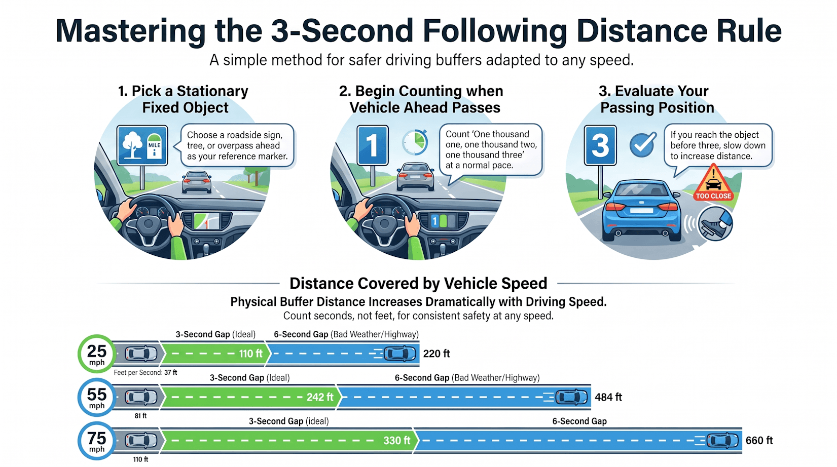3-Second Following Distance Guide infographic illustrating how the safe buffer zone rule works and breaking down stopping gap distances from 25 mph to 75 mph in normal and severe weather conditions.