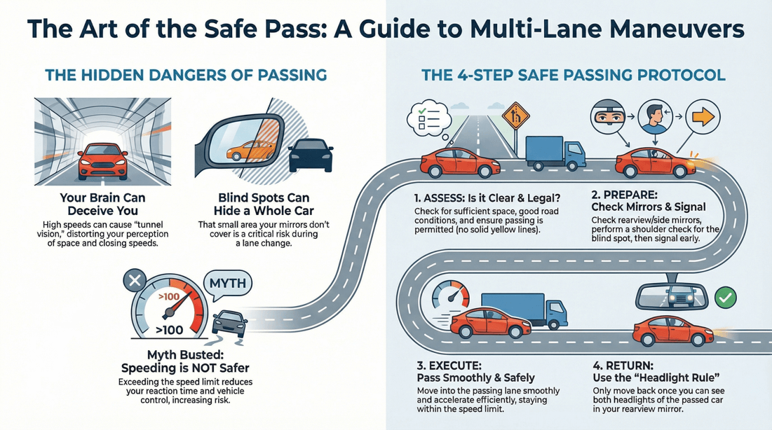 Dangers of passing vehicles blind spots and safe maneuvers on multi-lane highways