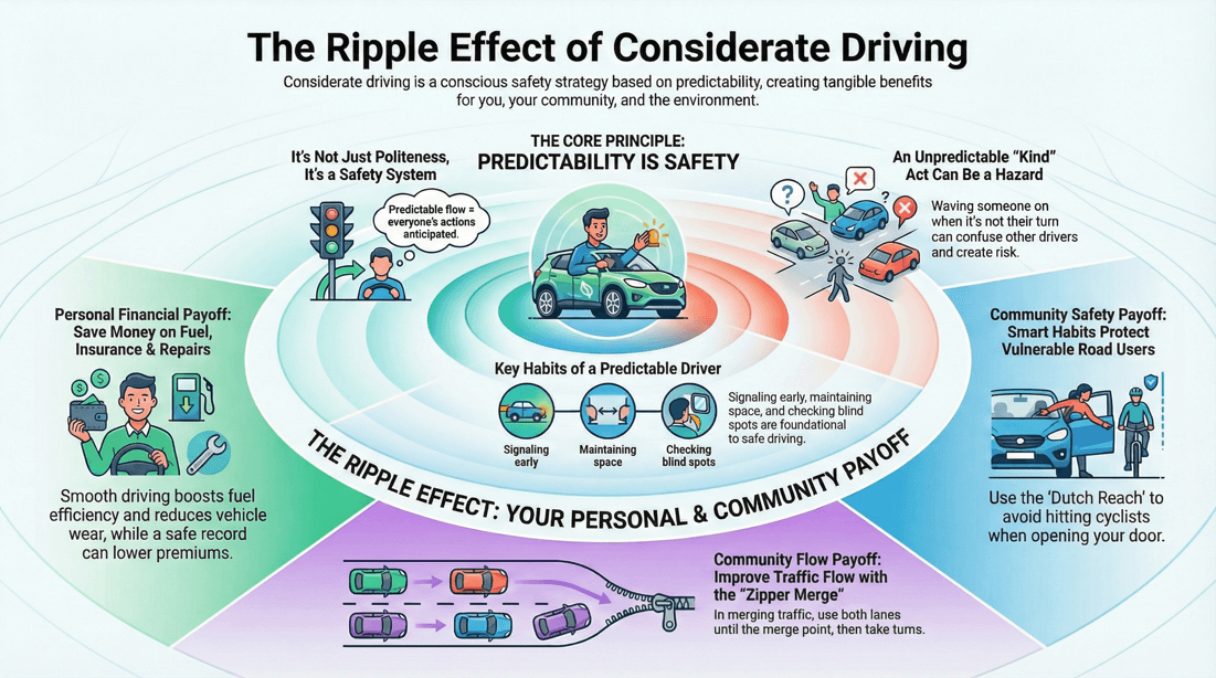 Predictable considerate driving habits enhance road safety and save fuel costs