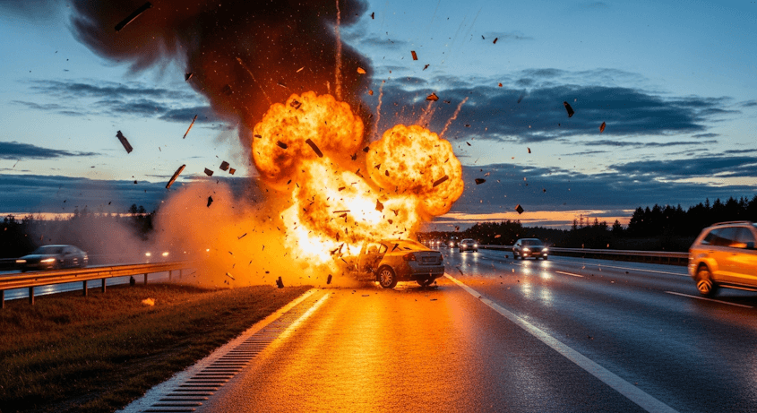 Massive explosion showing dangers on the road