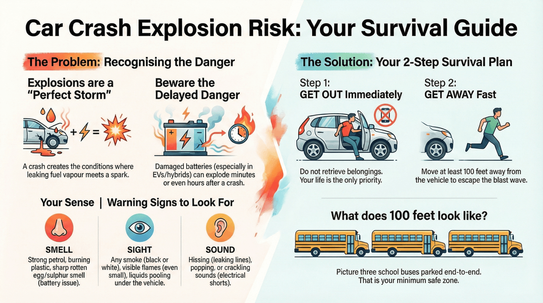 Vehicle explosion risks, warning signs, and crucial 100-foot safety steps