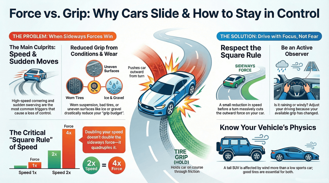 Lateral forces guide: Understand physics, grip, and the square of speed to prevent sliding