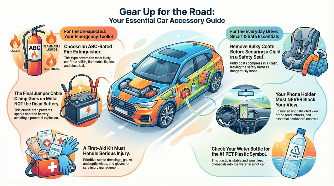 Essential car accessories list for emergency, safety, comfort and prepared driving