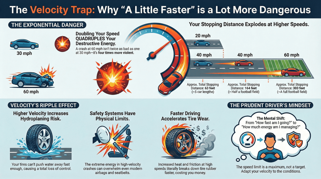 Exponential risk of speed velocity vs speed stopping distance prudent driving guide