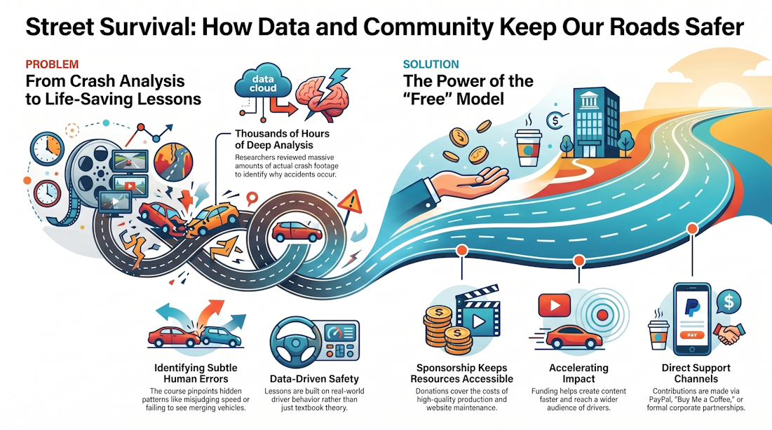 Infographic outlining the Street Survival initiative, a free life-saving road safety course developed from thousands of hours of crash video analysis. The visual illustrates how the program identifies hidden patterns in driver behavior to prevent accidents and highlights the role of sponsorships and donations in keeping these resources accessible to the public.