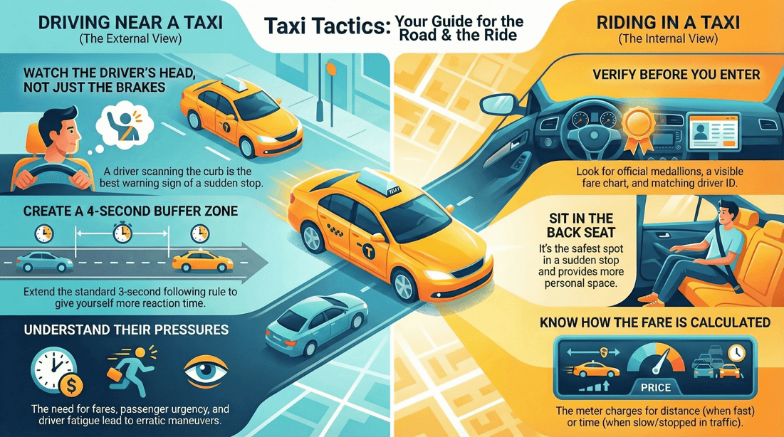 Defensive driving strategies for unpredictable taxis, sudden stops, and erratic movements