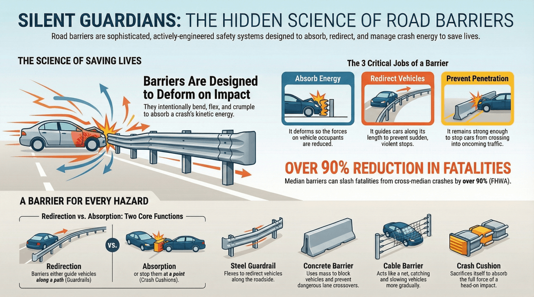 Road safety barriers absorb impact energy, redirect vehicles, and save lives