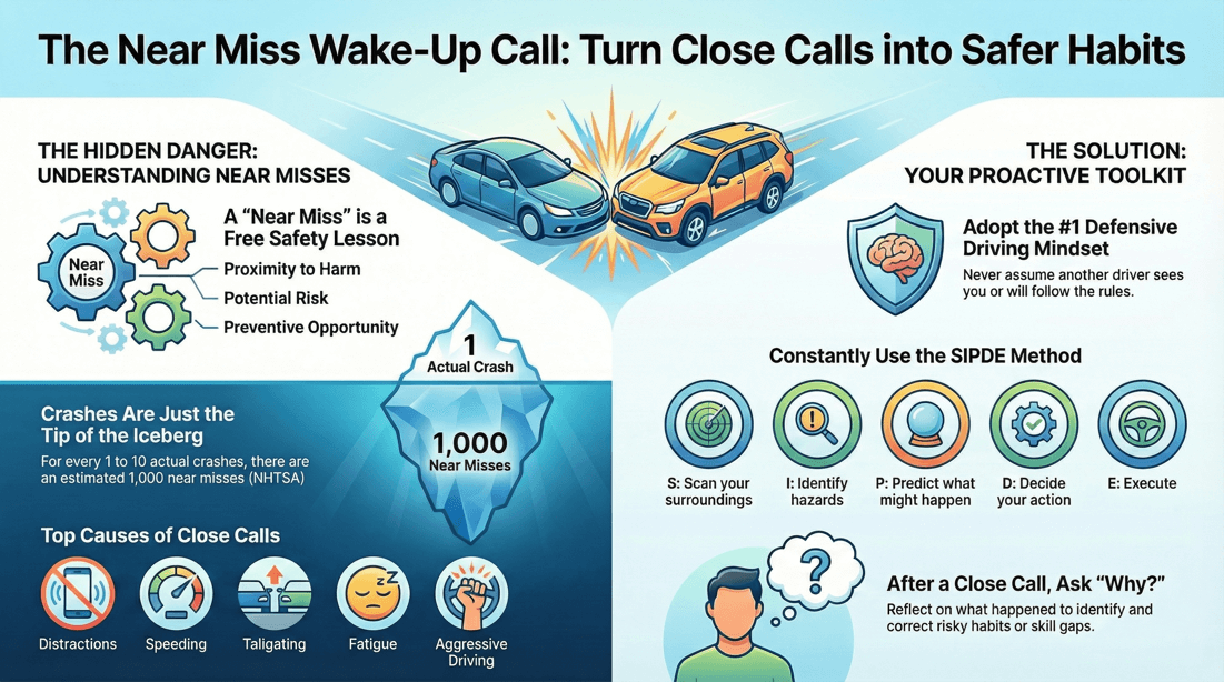 Near miss driving lessons for safer habits and accident prevention