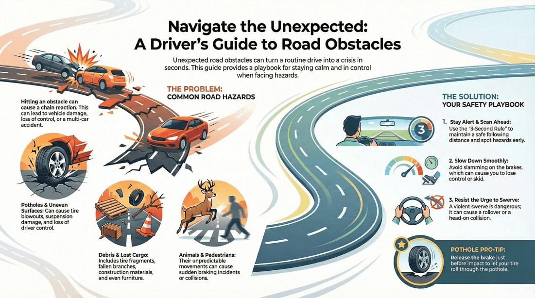 Defensive driving skills: handling road obstacles, debris, hazards, and potholes
