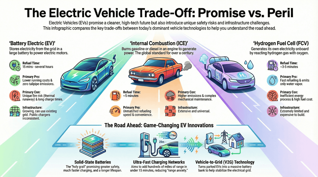 Comparing electric, fuel, and hydrogen vehicles performance efficiency and infrastructure