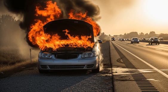 Vehicle fire on highway showing dangers of catastrophic failure