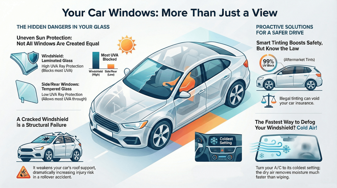Car window safety features maintenance UV protection tinting and cracked windshield laws