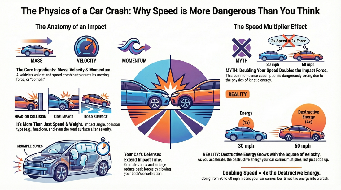 Physics of car crash severity: speed quadruples impact force and kinetic energy
