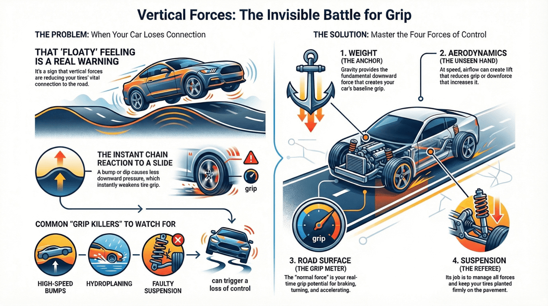 How vertical forces impact vehicle control and tire grip dynamics
