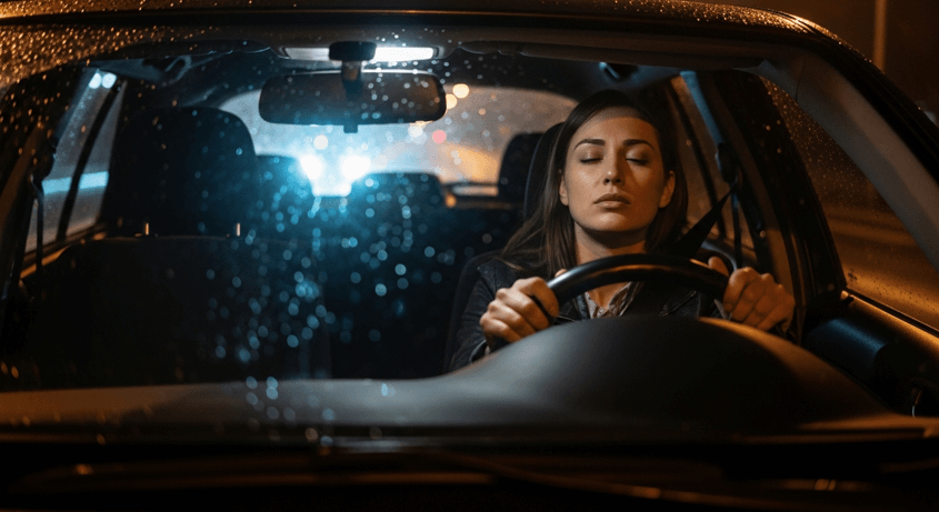 Tired motorist struggling to stay alert while driving