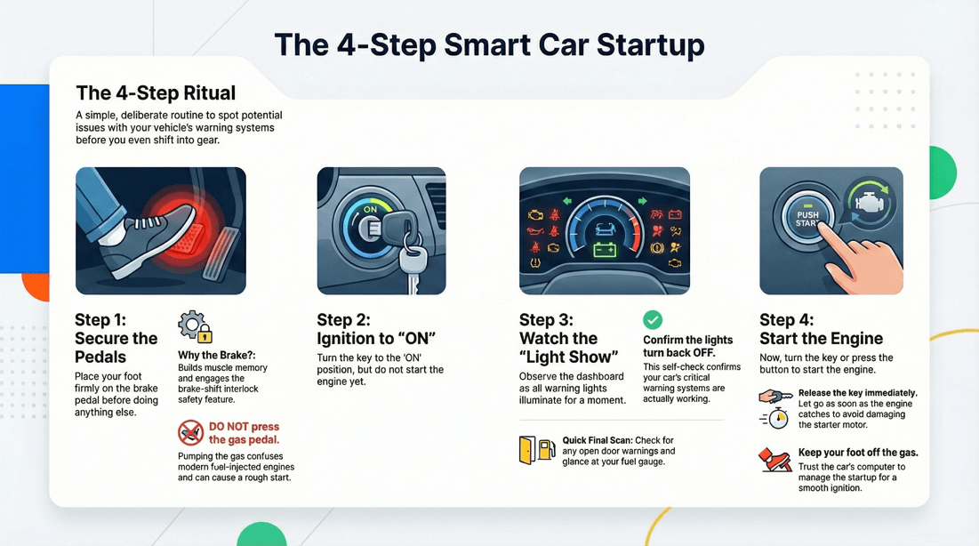 Smart vehicle startup routine safety tips and warning light check