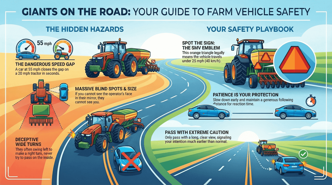 Safe driving guidance for agricultural vehicles and farm equipment on public roads