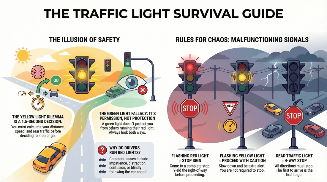 Traffic light dangers, yellow light dilemma, red light running, intersection safety guide