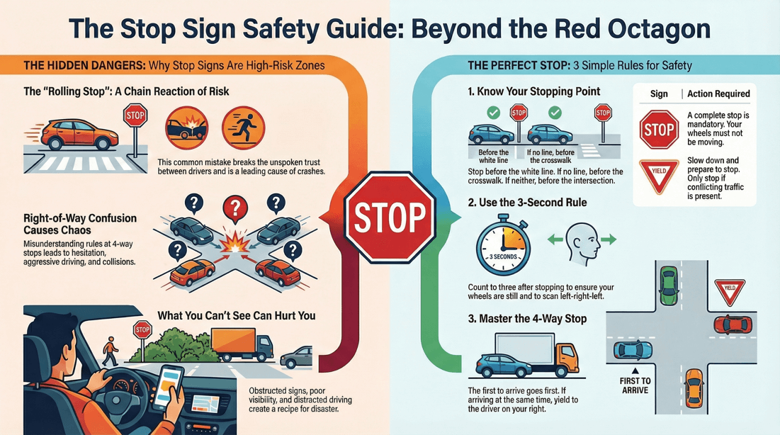 Stop sign rules, 4-way stop right of way, rolling stop dangers, road safety tips