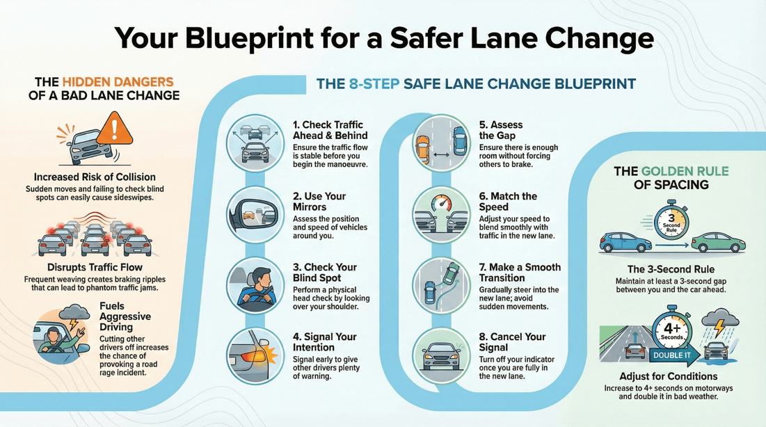 Lane changing safety guide: blind spot checks, 3-second rule, and collision avoidance