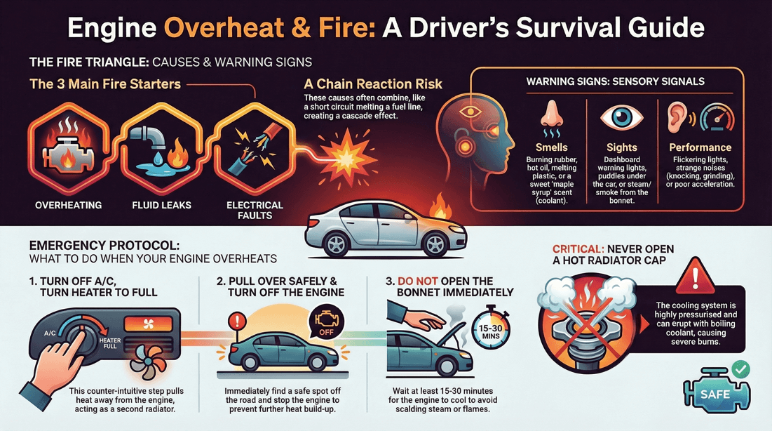 Car engine fire causes, warning signs, and safety prevention steps