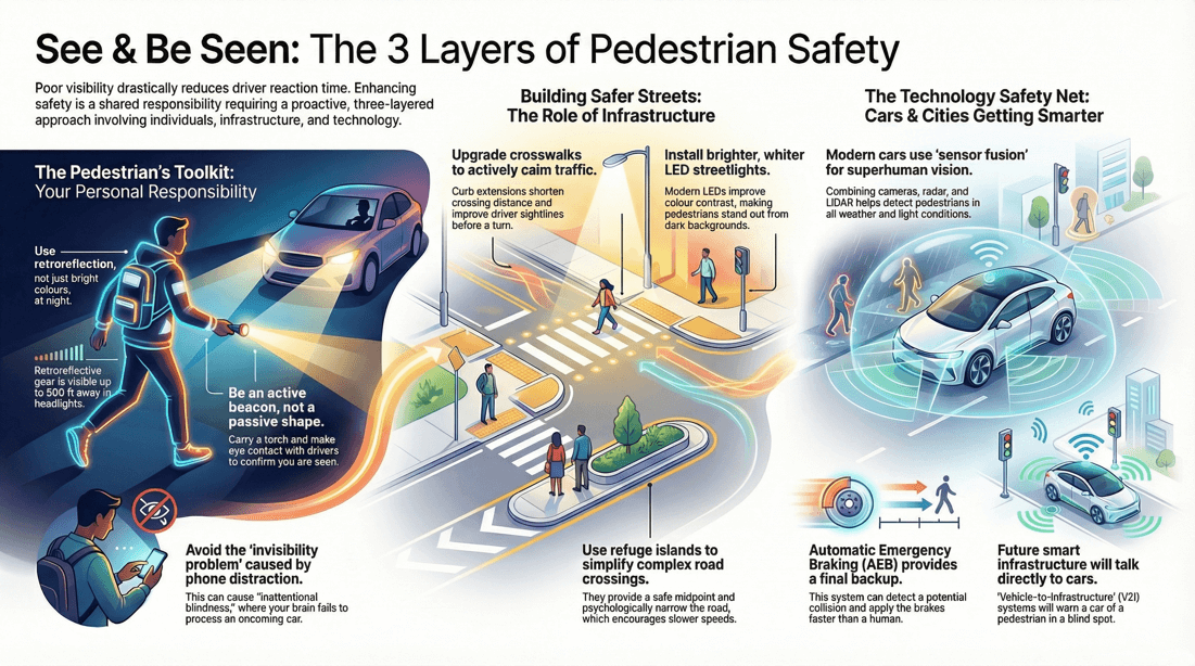 Pedestrian visibility guide: gear, city infrastructure, and safety technology